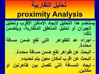 ‫ٌستخدم‬
‫هذا‬
‫التحلٌل‬
‫الٌجاد‬
‫االماكن‬
‫األلرب‬
‫وتحلٌل‬
‫الجٌران‬
‫أو‬
‫تحلٌل‬
‫المناطك‬
،‫المتماربة‬
‫وٌتضمن‬
‫ذلن‬
:
-
‫اجراء‬
‫عد‬
‫للظواهر‬
ً‫الت‬
‫تمع‬
‫ضمن‬
‫مسافة‬
‫محددة‬
.
-
‫البحث‬
‫عن‬
‫ظواهر‬
‫تمع‬
‫ضمن‬
‫مسافة‬
‫محددة‬
.
-
‫البحث‬
‫عن‬
‫الرب‬
‫لمكان‬
‫معٌن‬
‫ٌتم‬
‫تحدٌده‬
.
-
‫اٌجاد‬
‫المسافة‬
ً‫الت‬
‫تفصل‬
‫بٌن‬
‫ظاهرتٌن‬
‫او‬
‫مكانٌن‬
.
‫التماربٌة‬ ‫تحلٌل‬
proximity Analysis
 