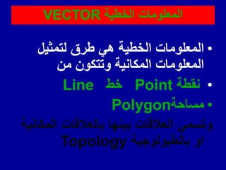 ‫الخطٌة‬ ‫المعلومات‬
VECTOR
•
‫لتمثٌل‬ ‫طرق‬ ً‫ه‬ ‫الخطٌة‬ ‫المعلومات‬
‫من‬ ‫وتتكون‬ ‫المكانٌة‬ ‫المعلومات‬
•
‫نمطة‬
Point
‫خط‬
Line
•
‫مساحة‬
Polygon
‫المكانٌة‬ ‫بالعاللات‬ ‫بٌنها‬ ‫العاللات‬ ً‫وتسم‬
‫بالطبولوجٌة‬ ‫او‬
Topology
 