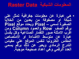 ‫الشبكٌة‬ ‫المعلومات‬
Raster Data
•
ً‫ه‬
‫عبارة‬
‫عن‬
‫معلومات‬
‫جغرافٌة‬
‫تمثل‬
ً‫عل‬
‫شبكة‬
‫او‬
‫مصفوفة‬
‫من‬
‫بعدٌن‬
‫من‬
‫الخالٌا‬
‫الصغٌرة‬
ً‫تسم‬
–
Pixel
‫وٌحدد‬
‫مولع‬
Pixel
‫برلم‬
‫الصف‬
Row
‫والعمود‬
Column
‫ومن‬
‫الرب‬
‫االمثلة‬
‫صور‬
‫اللممار‬
‫الصناعٌة‬
‫وكل‬
‫بكسل‬
‫عبارة‬
‫عن‬
‫متوسط‬
‫االضاءة‬
‫او‬
‫االمتصاص‬
‫المماس‬
‫الكترونٌا‬
‫لنفس‬
‫المولع‬
ً‫عل‬
‫ممٌاس‬
‫التدرج‬
‫الرمادي‬
‫وٌعبر‬
‫عن‬
‫ذلن‬
‫برلم‬
ً‫ٌسم‬
‫العدد‬
ً‫الرلم‬
ً‫وه‬
‫اعداد‬
‫صحٌحة‬
‫موجبة‬
.
 