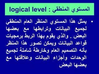 ً‫المنطم‬ ‫المستوي‬
:
logical level
•
‫ٌمثل‬
‫هذا‬
‫المستوي‬
‫المنظر‬
‫العام‬
ً‫المنطم‬
‫لجمٌع‬
‫البٌانات‬
‫وترابطها‬
‫مع‬
‫بعضها‬
‫البعض‬
.
‫والذي‬
‫ٌموم‬
‫بهذا‬
‫الربط‬
‫برمجٌات‬
‫لواعد‬
‫البٌانات‬
‫وٌمكن‬
‫تصور‬
‫هذا‬
‫المنظر‬
‫بأنه‬
‫التصمٌم‬
‫العام‬
‫وخارطة‬
‫شاملة‬
‫لجمٌع‬
‫الوحدات‬
‫وأجزاء‬
‫البٌانات‬
‫وعاللتها‬
‫مع‬
‫بعضها‬
‫البعض‬
 