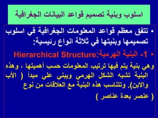 ‫الجغرافٌة‬ ‫البٌانات‬ ‫لواعد‬ ‫تصمٌم‬ ‫وبنٌة‬ ‫اسلوب‬
•
‫تتفك‬
‫معظم‬
‫لواعد‬
‫المعلومات‬
‫الجغرافٌة‬
ً‫ف‬
‫اسلوب‬
‫تصمٌمها‬
‫وبنٌتها‬
ً‫ف‬
‫ثالثة‬
‫انواع‬
‫رئٌسٌة‬
:
•
1
-
‫الهرمٌة‬ ‫البنٌة‬
:
Hierarchical Structure
ً‫وه‬
‫بنٌة‬
‫ٌتم‬
‫فٌها‬
‫ترتٌب‬
‫المعلومات‬
‫حسب‬
‫أهمٌتها‬
،
‫وهذه‬
‫البنٌة‬
‫تشبه‬
‫الشكل‬
ً‫الهرم‬
ً‫وٌبن‬
ً‫عل‬
‫مبدأ‬
(
‫األب‬
‫واالبن‬
)
.
‫وتتناسب‬
‫هذه‬
‫البنٌة‬
‫مع‬
‫العاللات‬
‫من‬
‫نوع‬
(
‫عنصر‬
‫بعدة‬
‫عناصر‬
)
 