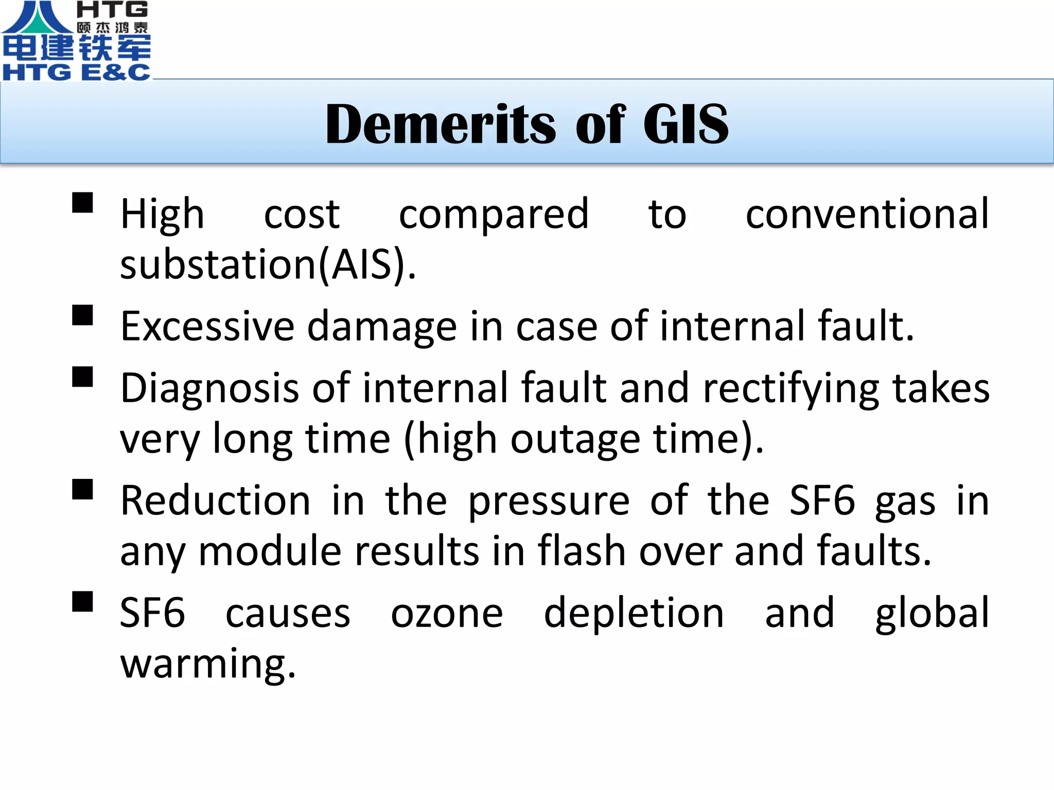 Demerits of GIS
 High cost compared to conventional
substation(AIS).
 Excessive damage in case of internal fault.
 Diagnosis of internal fault and rectifying takes
very long time (high outage time).
 Reduction in the pressure of the SF6 gas in
any module results in flash over and faults.
 SF6 causes ozone depletion and global
warming.
 