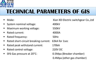 TECHNICAL PARAMETERS OF GIS
 Make: Xian XD Electric switchgear Co.,Ltd
 System nominal voltage: 400kV
 Maximum working voltage: 550kV
 Rated current: 4000A
 Rated frequency: 50Hz
 Rated short-circuit breaking current: 63kA for 1sec
 Rated peak withstand current: 170kA
 Rated control voltage: 220V DC
 SF6 Gas pressure at 20°C: 0.5Mpa (Breaker chamber)
0.4Mpa (other gas chamber)
 