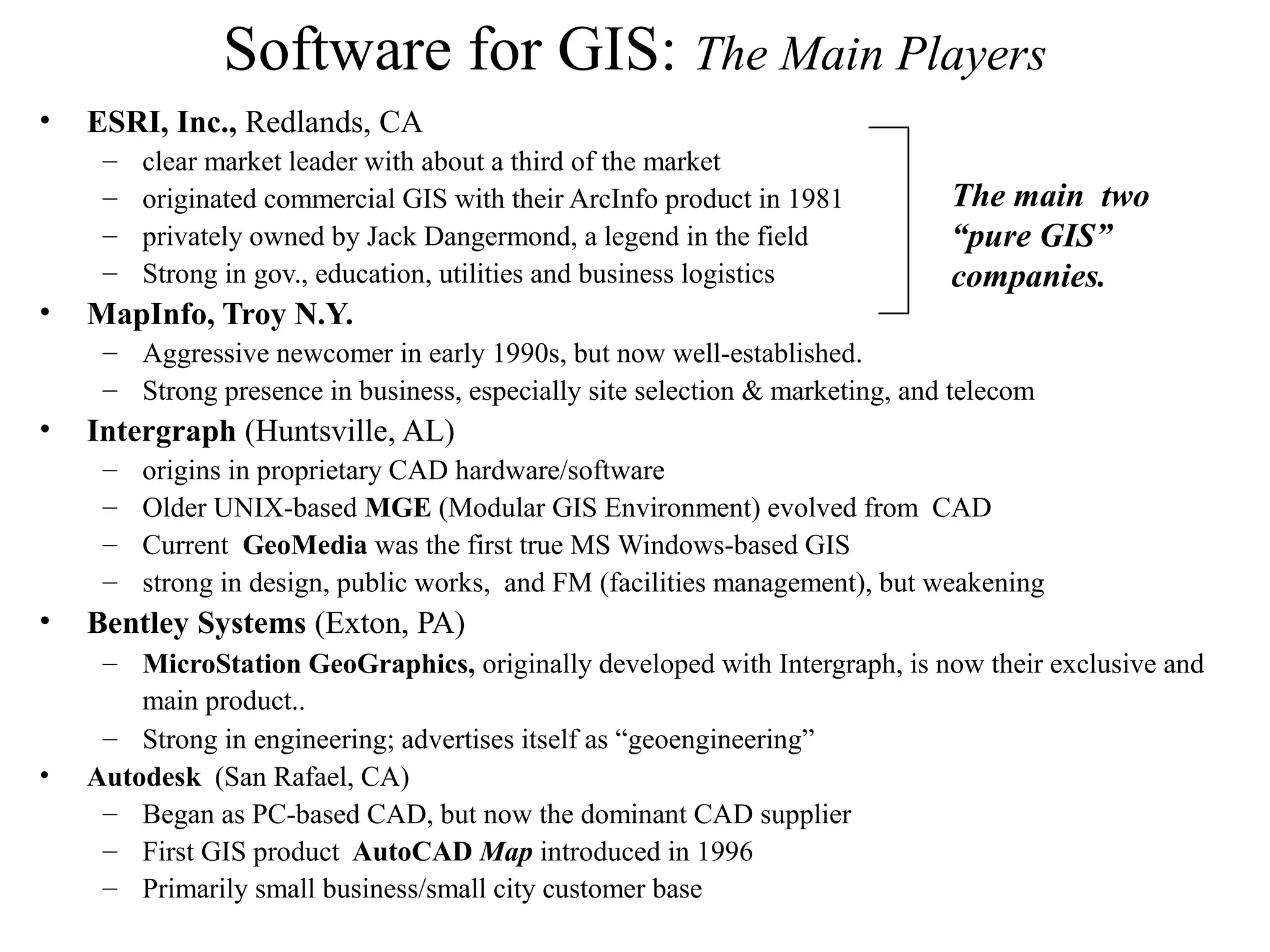 Software for GIS: The Main Players
• ESRI, Inc., Redlands, CA
– clear market leader with about a third of the market
– originated commercial GIS with their ArcInfo product in 1981
– privately owned by Jack Dangermond, a legend in the field
– Strong in gov., education, utilities and business logistics
• MapInfo, Troy N.Y.
– Aggressive newcomer in early 1990s, but now well-established.
– Strong presence in business, especially site selection & marketing, and telecom
• Intergraph (Huntsville, AL)
– origins in proprietary CAD hardware/software
– Older UNIX-based MGE (Modular GIS Environment) evolved from CAD
– Current GeoMedia was the first true MS Windows-based GIS
– strong in design, public works, and FM (facilities management), but weakening
• Bentley Systems (Exton, PA)
– MicroStation GeoGraphics, originally developed with Intergraph, is now their exclusive and
main product..
– Strong in engineering; advertises itself as “geoengineering”
• Autodesk (San Rafael, CA)
– Began as PC-based CAD, but now the dominant CAD supplier
– First GIS product AutoCAD Map introduced in 1996
– Primarily small business/small city customer base
The main two
“pure GIS”
companies.
 
