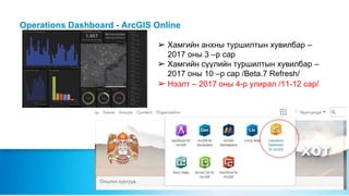 Operations Dashboard - ArcGIS Online
➢ Хамгийн анхны туршилтын хувилбар –
2017 оны 3 –р сар
➢ Хамгийн сүүлийн туршилтын ху...