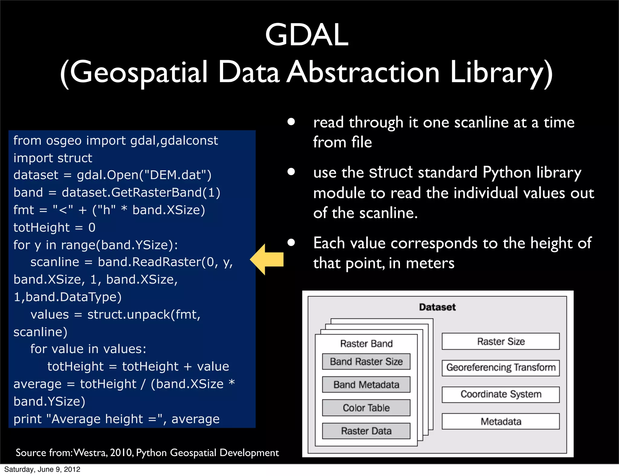 GDAL
               (Geospatial Data Abstraction Library)
                                                              •   read through it one scanline at a time
  from osgeo import gdal,gdalconst                                from ﬁle
  import struct
  dataset = gdal.Open("DEM.dat")                              •   use the struct standard Python library
  band = dataset.GetRasterBand(1)                                 module to read the individual values out
  fmt = "<" + ("h" * band.XSize)                                  of the scanline.
  totHeight = 0
  for y in range(band.YSize):                                 •   Each value corresponds to the height of
     scanline = band.ReadRaster(0, y,                             that point, in meters
  band.XSize, 1, band.XSize,
  1,band.DataType)
     values = struct.unpack(fmt,
  scanline)
     for value in values:
        totHeight = totHeight + value
  average = totHeight / (band.XSize *
  band.YSize)
  print "Average height =", average

   Source from: Westra, 2010, Python Geospatial Development
Saturday, June 9, 2012
 