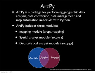 ArcPy
                     •   ArcPy is a package for performing geographic data
                         analysis, data conversion, data management, and
                         map automation in ArcGIS with Python.
                     •   ArcPy includes three modules:
                         •   mapping module (arcpy.mapping)
                         •   Spatial analyst module (arcpy.sa)
                         •   Geostatistical analyst module (arcpy.ga)



                                    ArcGIS ArcPy     Python


                                                    http://help.arcgis.com/en/arcgisdesktop/10.0/help/index.html#/What_is_ArcPy/
Saturday, June 9, 2012
 