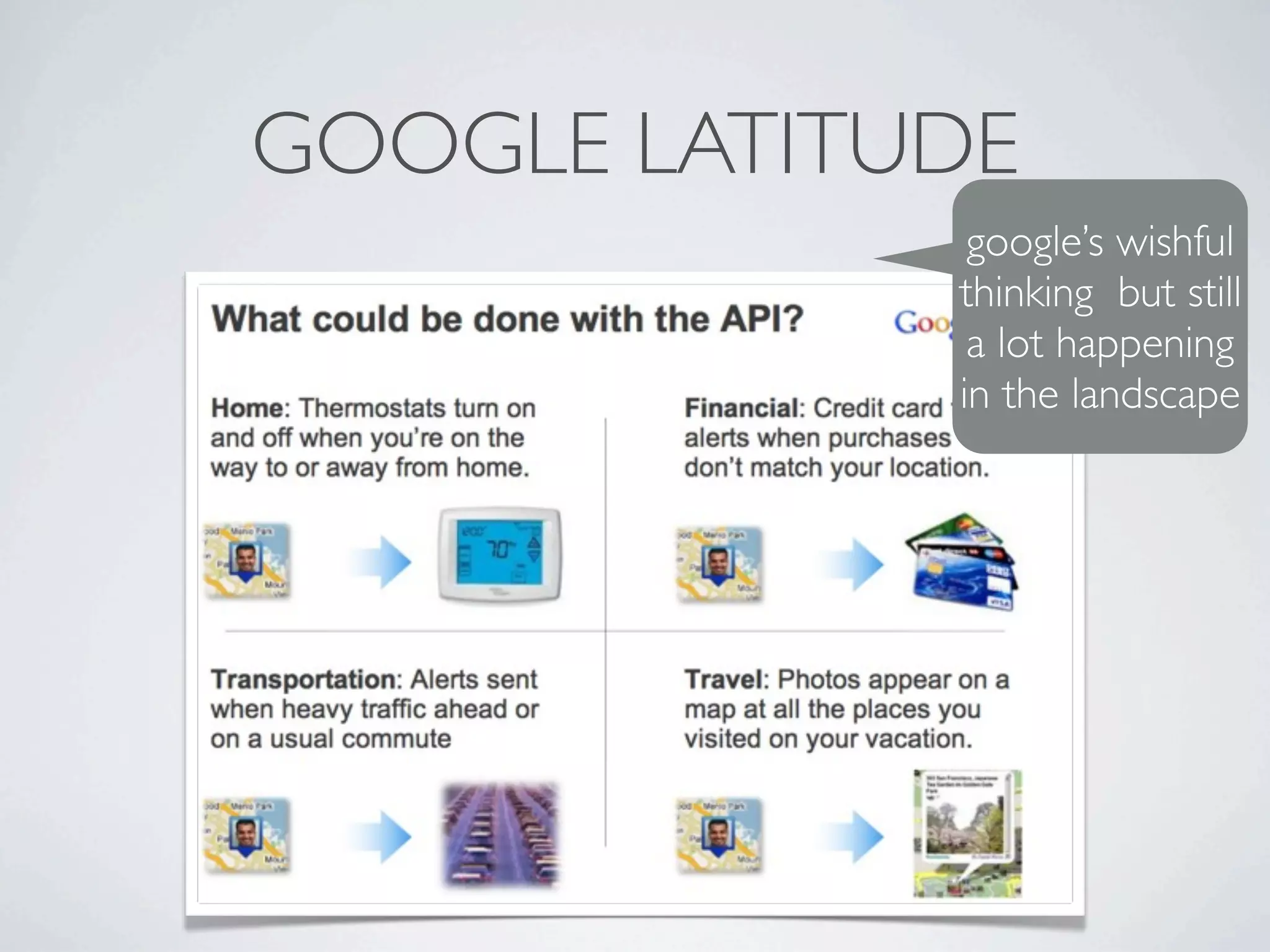 GOOGLE LATITUDE
              google’s wishful
             thinking but still
              a lot happening
             in the landscape
 