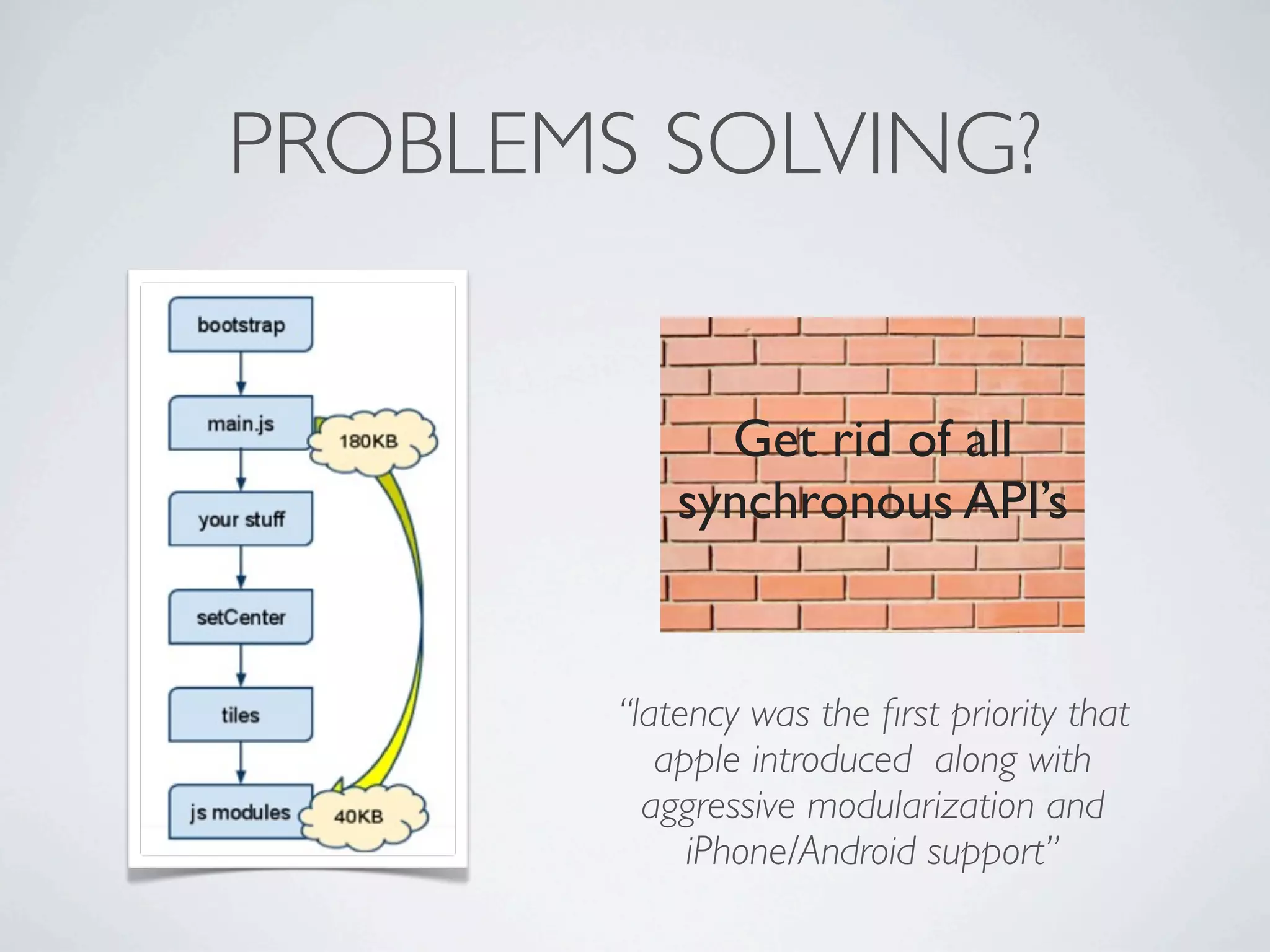 PROBLEMS SOLVING?


              Get rid of all
            synchronous API’s


        “latency was the ﬁrst priority that
           apple introduced along with
          aggressive modularization and
             iPhone/Android support”
 