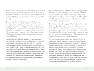 GIS in Africa 2  April 2013 42It Must Be Something in the Water
hardship of the journey, they were happy to encounter a variety of
land-cover types: grasslands and croplands in the south; sparse
forest areas in the nation's midsection; dense humid forests in the
north; and, finally, swamp forests in the northeastern area of the
country.
The team's goal was to collect data on each land-cover type in
the basin, as well as samples from tributaries that feed those
areas. In preparation for the trip, Fiske loaded spatial data onto
his laptop, which the team used for indicating specific land-cover
types that were important to the analysis. He also created some
GIS scripts to assess the upstream area and produce a selection
of land-cover metrics within that area based on key remotely
sensed GIS layers.
At the end of each day, Fiske uploaded the geocoded water
sample data to his laptop, running ArcGIS software. He overlaid
water-sample and land-cover type attributes on the remote-
sensing data so the team could immediately see the results of its
work and affirm that it was in the appropriate location. On the fly,
GIS brought together the sample points/locations and the spatial
data. GIS displayed an area's tree cover, its biomass/carbon, high-
resolution natural color imagery, and more. For the Congo area,
important data layers include the percentage of swamp forest
and seasonal inundation. (Other watersheds around the world
may need different GIS data layers.)
Fiske also made good use of ArcGIS software's hydrology toolbox
for a lot of the work on the project. This made work in the field
easier. Using these tools and the custom scripts, at the river's
edge, the team could click a button and query the GIS about the
size of the upstream contributing area or the percentage of tree
cover or other key land-cover types.
The challenge that made mapping difficult, and sometimes made
fieldwork impossible, was the intense rain and the river waters.
Fiske and other members of the team were constantly concerned
about dropping gear into the river or losing it in the bottom of a
flooded pirogue. Sensitive gear was protected in waterproof bags
and hard cases. Data was backed up on a USB-powered external
hard drive that was secured in a watertight case.
The team had other duties besides data collection. As part of
the National Science Foundation grant, some project funding is
designated for outreach and education. Building on a successful
partnership with schools and communities in the Russian Arctic,
the team visited schools in two communities in the Congo
River Basin on this trip, and art supplies were distributed to the
students. The children were asked to put pen to paper and
describe, through art, the importance of their local river. Their
pictures and drawings will become part of the My River, My
Home exhibition, joining nearly 100 other pieces from students in
Siberia and Canada. The exhibition will travel to galleries, and a
virtual collection will be posted on the WHRC website.
 