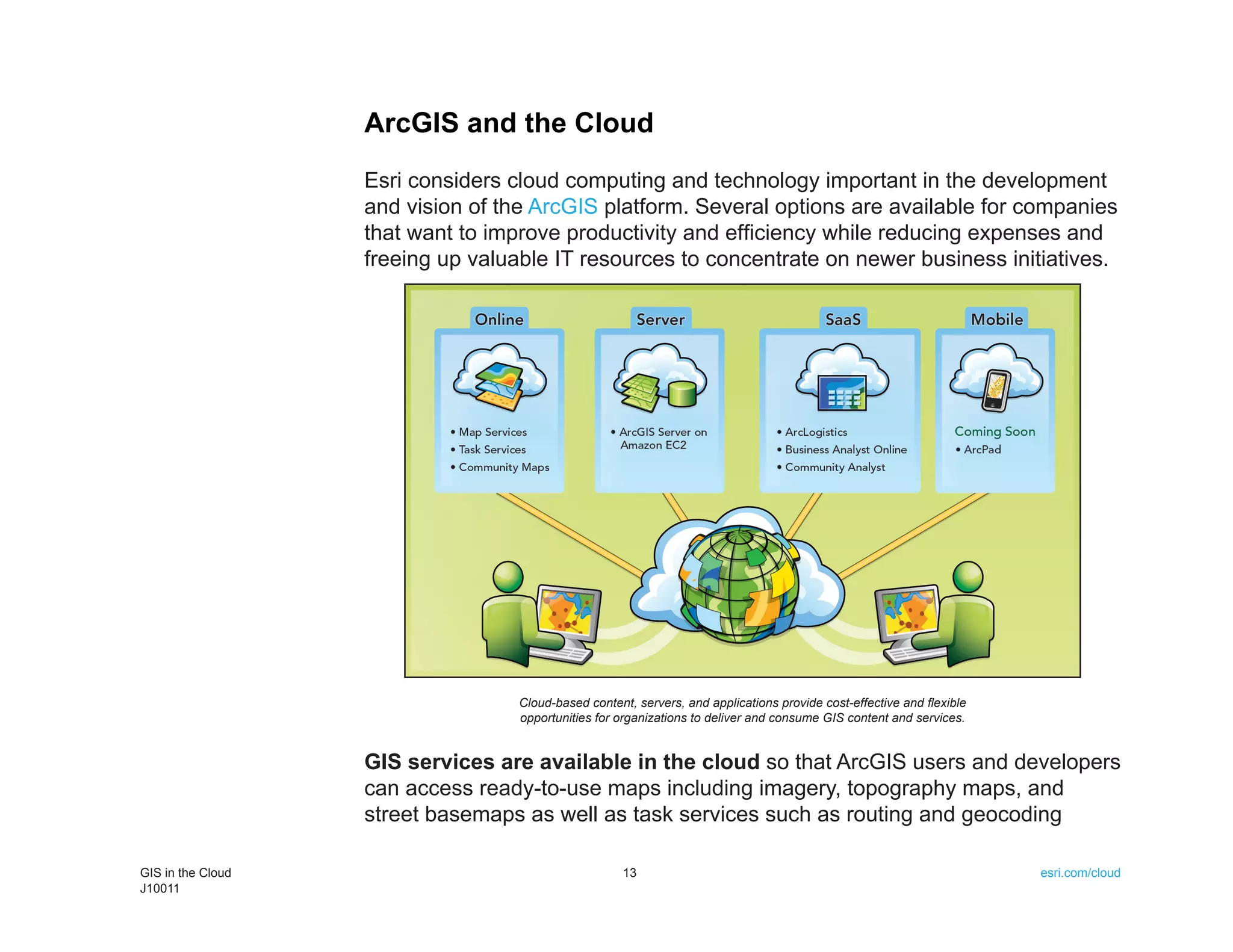 ArcGIS and the Cloud
                   Esri considers cloud computing and technology important in the development
                   and vision of the ArcGIS platform. Several options are available for companies
                   that want to improve productivity and efficiency while reducing expenses and
                   freeing up valuable IT resources to concentrate on newer business initiatives.




                                   Cloud-based content, servers, and applications provide cost-effective and flexible
                                   opportunities for organizations to deliver and consume GIS content and services.


                   GIS services are available in the cloud so that ArcGIS users and developers
                   can access ready-to-use maps including imagery, topography maps, and
                   street basemaps as well as task services such as routing and geocoding

GIS in the Cloud                                      13                                                                esri.com/cloud
J10011
 