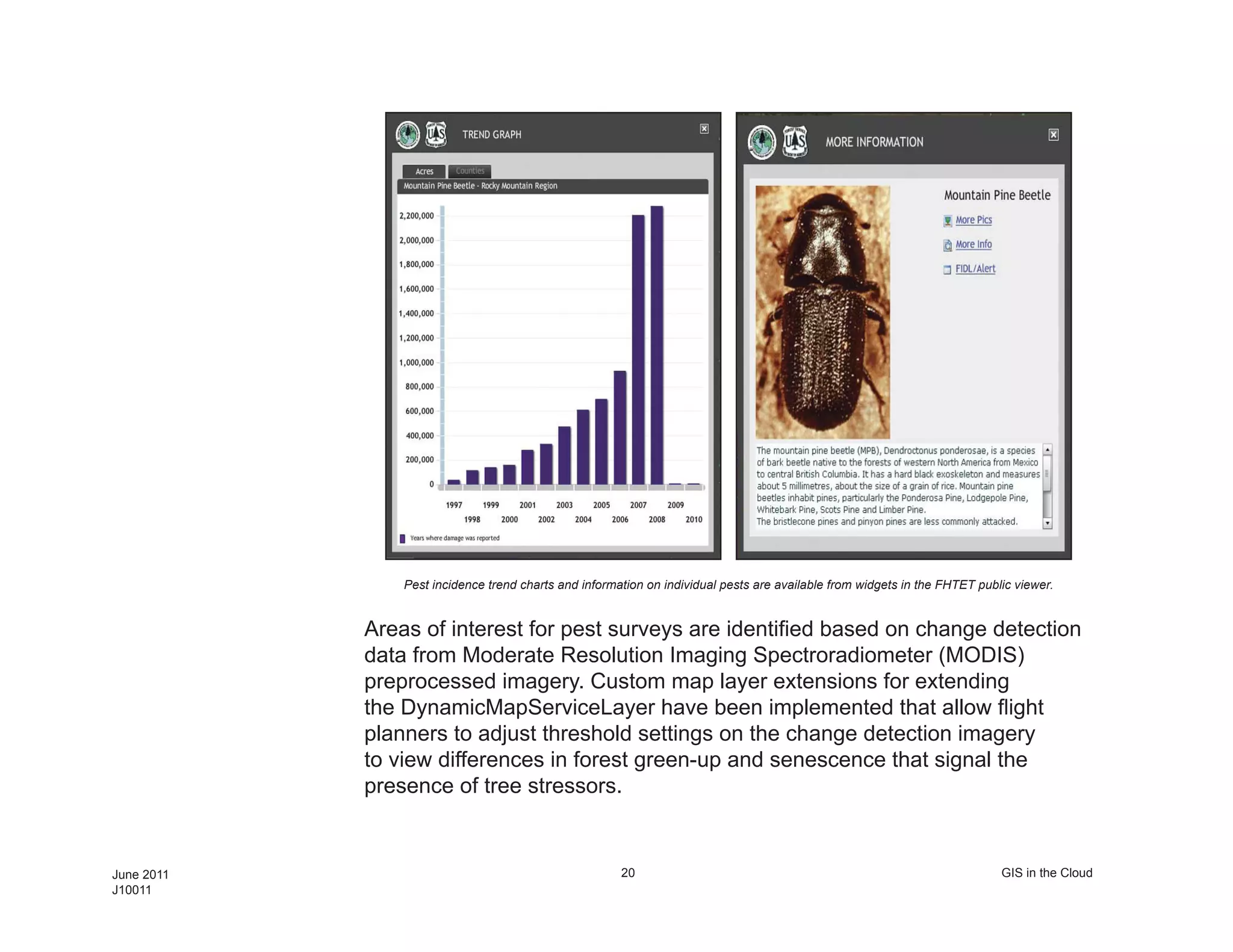 Pest incidence trend charts and information on individual pests are available from widgets in the FHTET public viewer.


            Areas of interest for pest surveys are identified based on change detection
            data from Moderate Resolution Imaging Spectroradiometer (MODIS)
            preprocessed imagery. Custom map layer extensions for extending
            the DynamicMapServiceLayer have been implemented that allow flight
            planners to adjust threshold settings on the change detection imagery
            to view differences in forest green-up and senescence that signal the
            presence of tree stressors.


June 2011                                              20                                                                   GIS in the Cloud
J10011
 