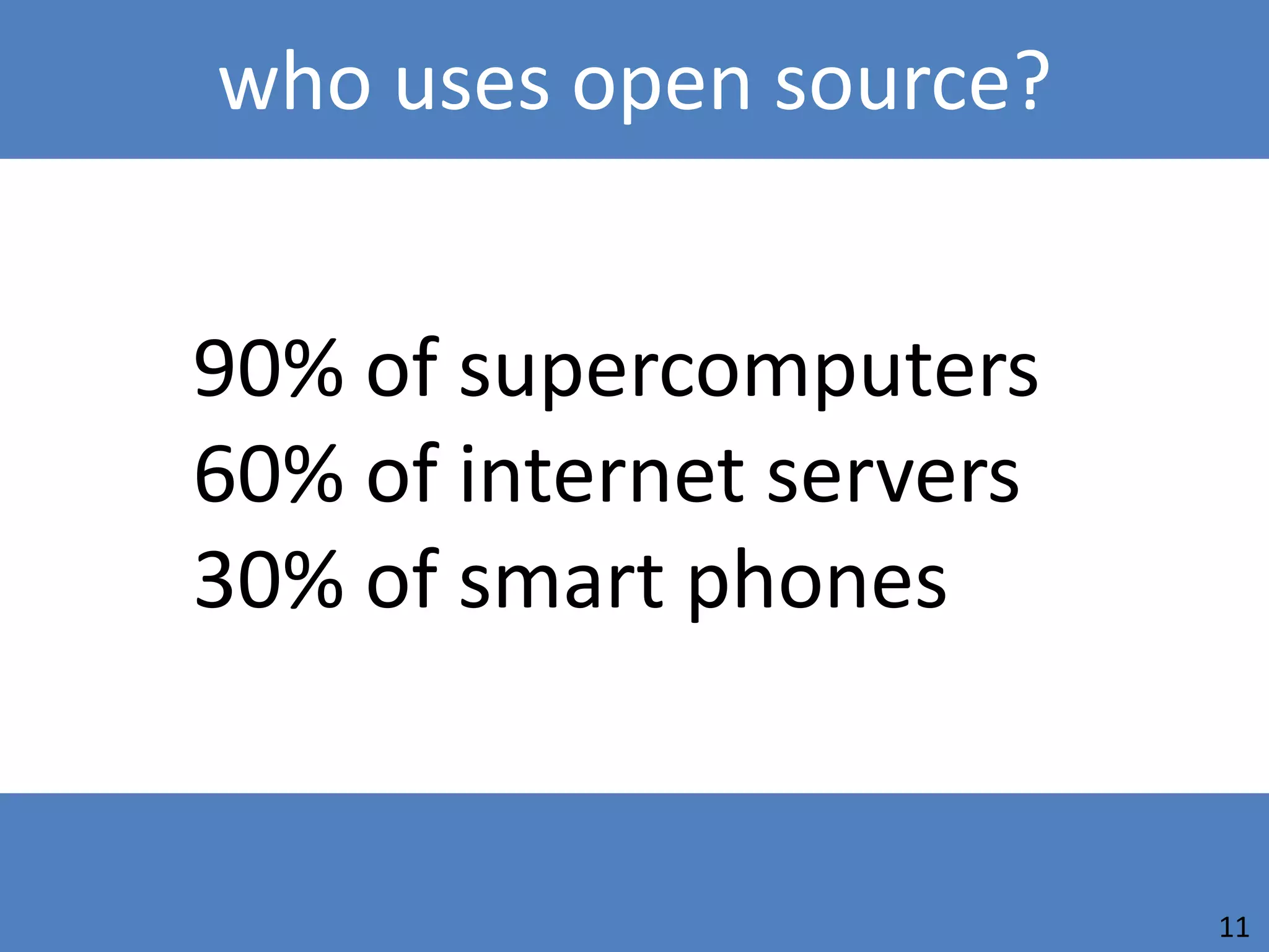 who uses open source?


90% of supercomputers
60% of internet servers
30% of smart phones


                          11
 