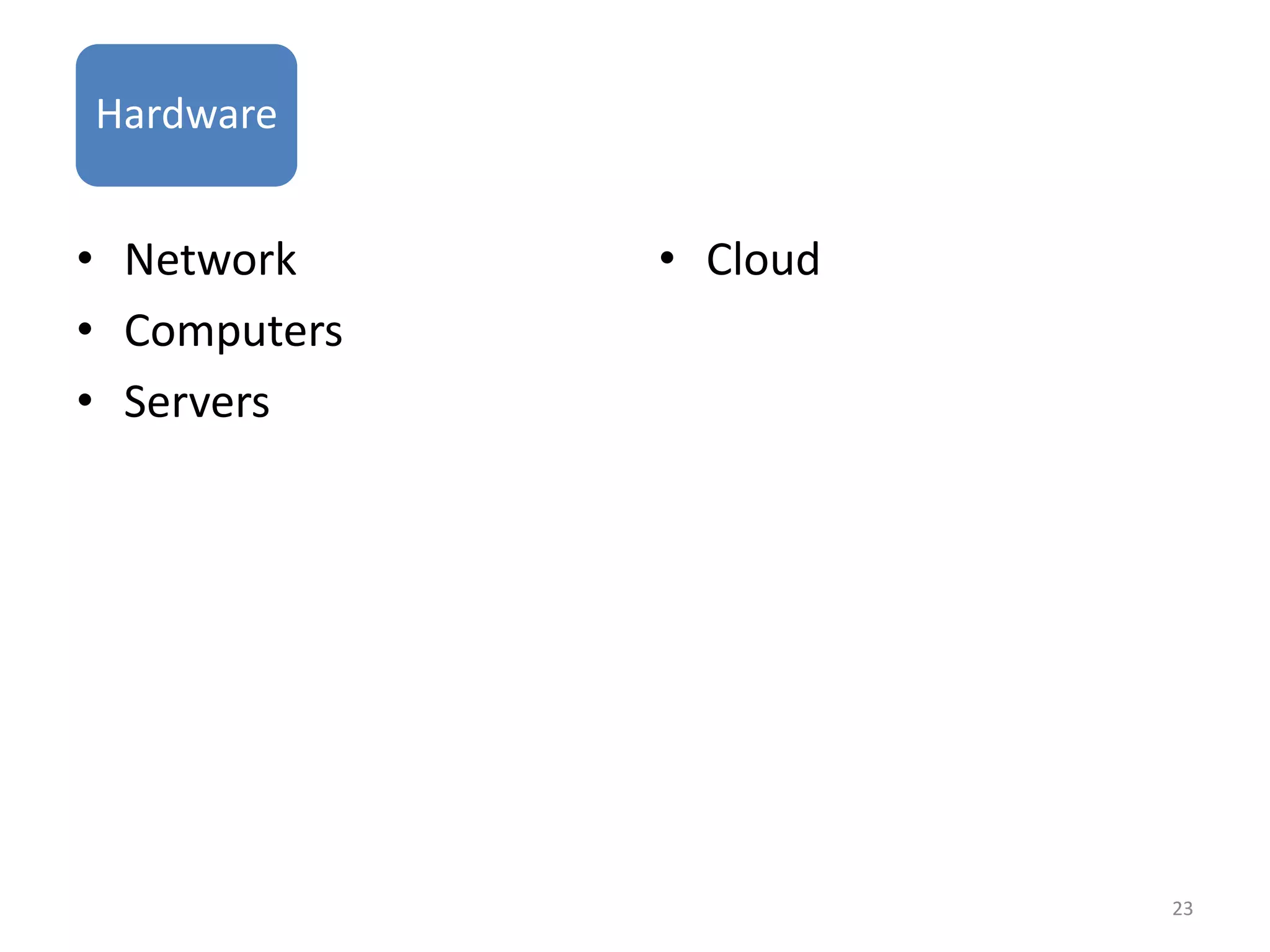 Hardware


• Network     • Cloud
• Computers
• Servers




                        23
 