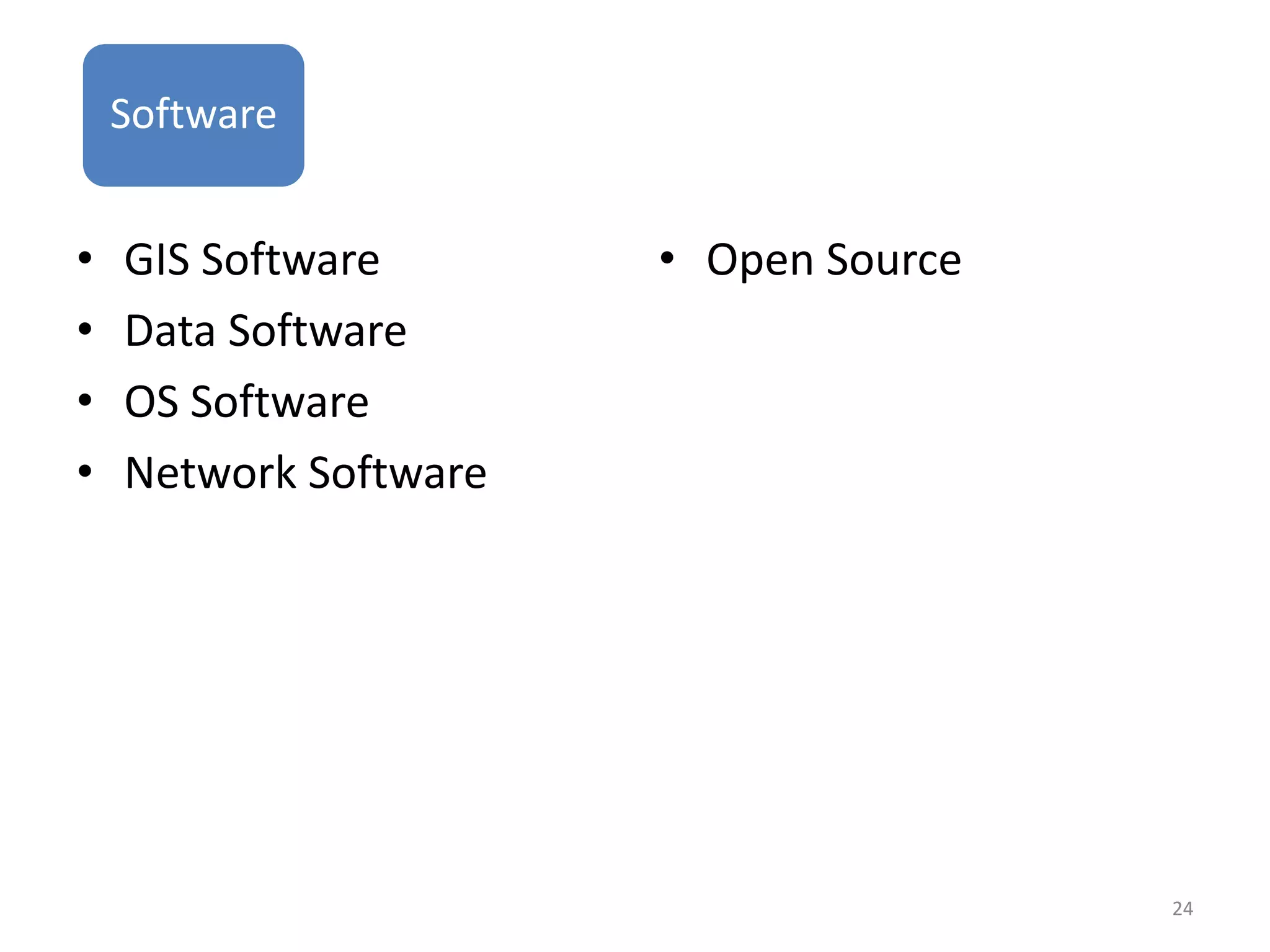 Hardware
     Software


•    GIS Software       • Open Source
•    Data Software
•    OS Software
•    Network Software




                                        24
 