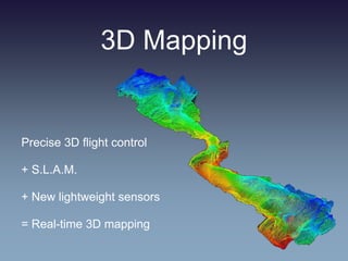 3D Mapping
Precise 3D flight control
+ S.L.A.M.
+ New lightweight sensors
= Real-time 3D mapping