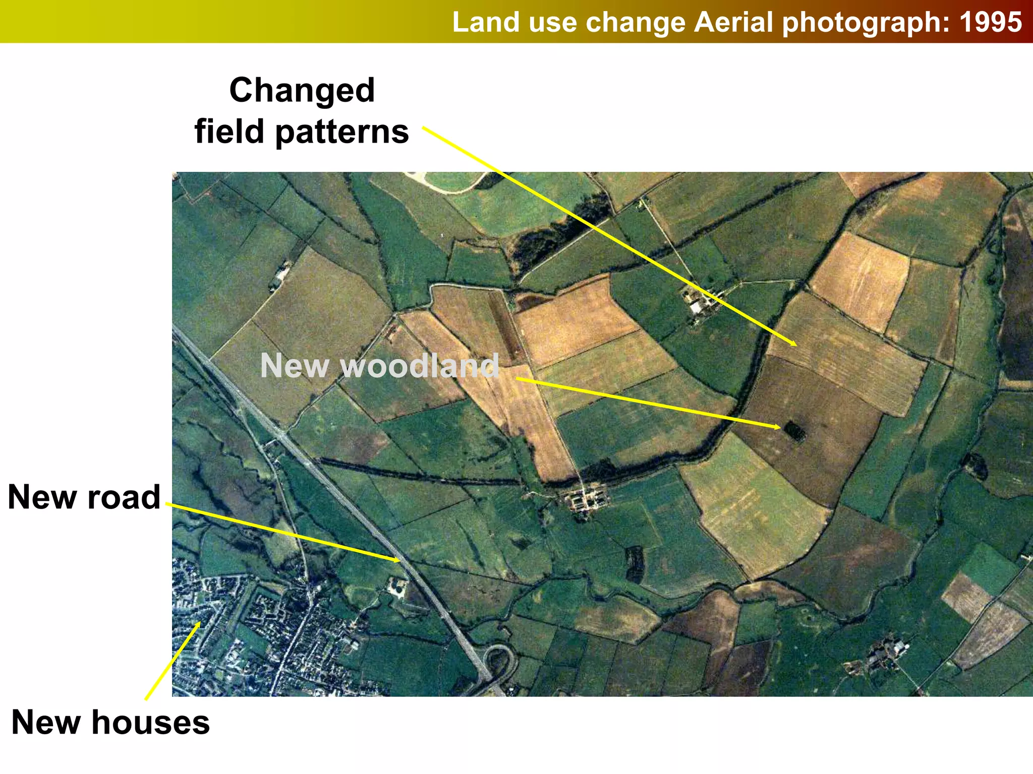 Land use change Aerial photograph: 1995

              Changed
           field patterns




               New woodland


New road




New houses
 