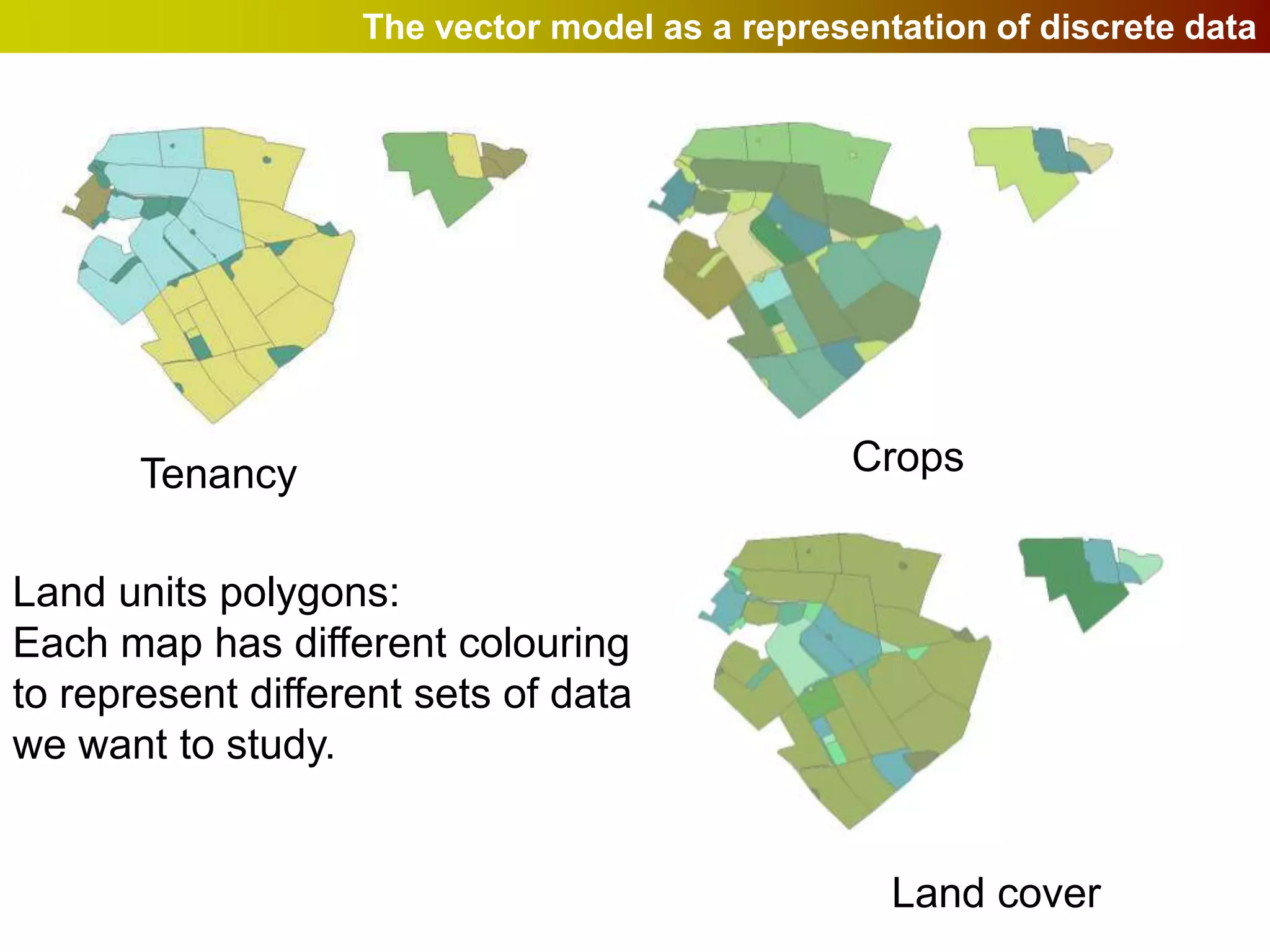 The vector model as a representation of discrete data




       Tenancy                                 Crops


Land units polygons:
Each map has different colouring
to represent different sets of data
we want to study.


                                                  Land cover
 