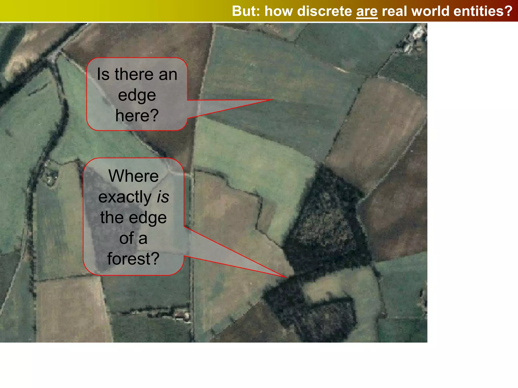 But: how discrete are real world entities?



Is there an
    edge
   here?


 Where
exactly is
the edge
   of a
 forest?
 