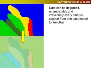 Converting vector  raster

Data can be degraded,
unpredictably and
irreversibly every time you
convert from one data model
to the other
 