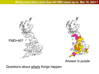 Where were there more than 40 FMD cases up to Mar 18, 2001?




 FMD>40?




                                        Answer in purple
Questions about where things happen
 
