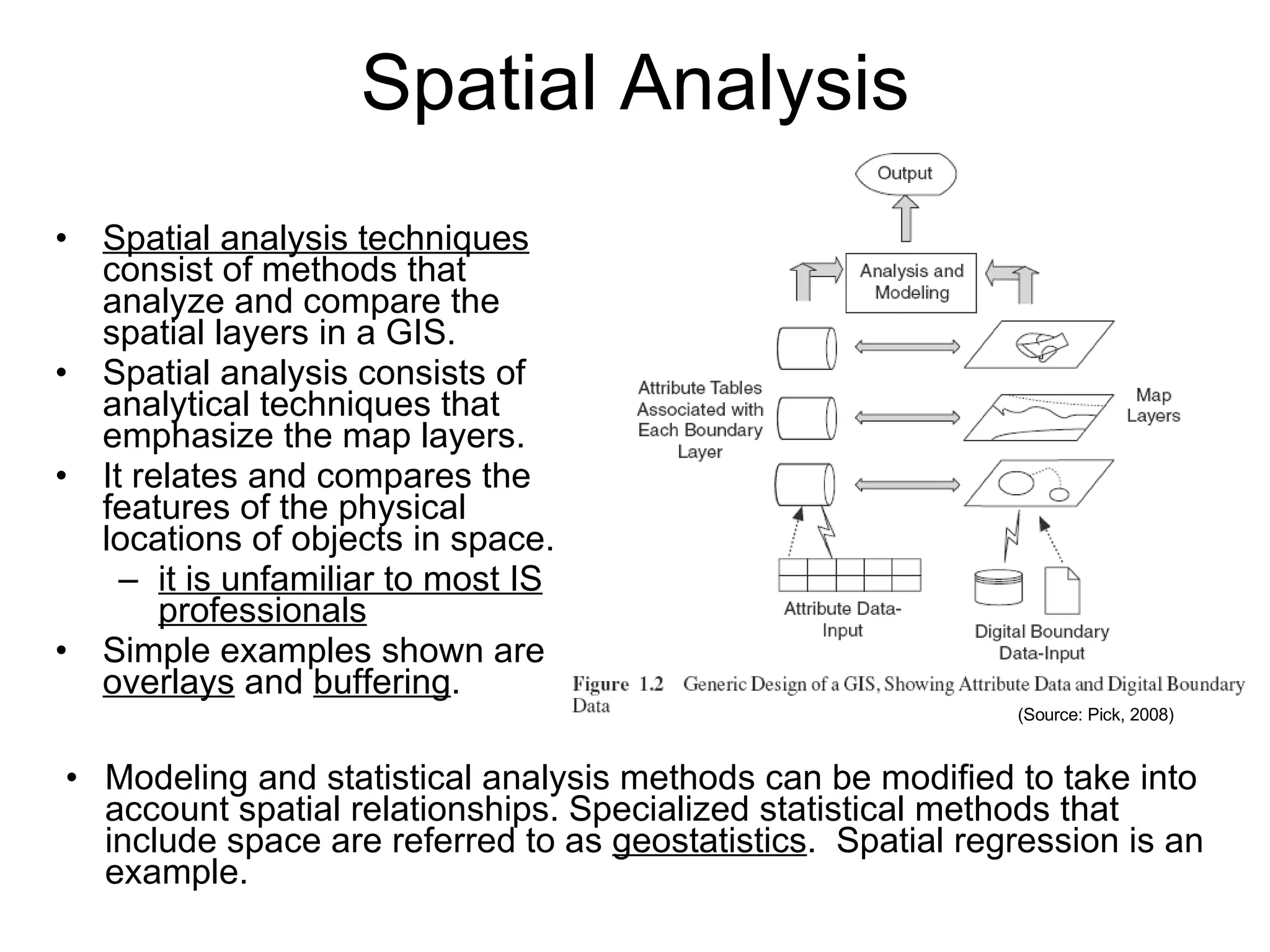 Spatial Analysis Spatial analysis techniques  consist of methods that analyze and compare the spatial layers in a GIS. Spatial analysis consists of analytical techniques that emphasize the map layers. It relates and compares the features of the physical locations of objects in space.  it is unfamiliar to most IS professionals Simple examples shown are  overlays  and  buffering . Modeling and statistical analysis methods can be modified to take into account spatial relationships. Specialized statistical methods that include space are referred to as  geostatistics .  Spatial regression is an example. (Source: Pick, 2008) 