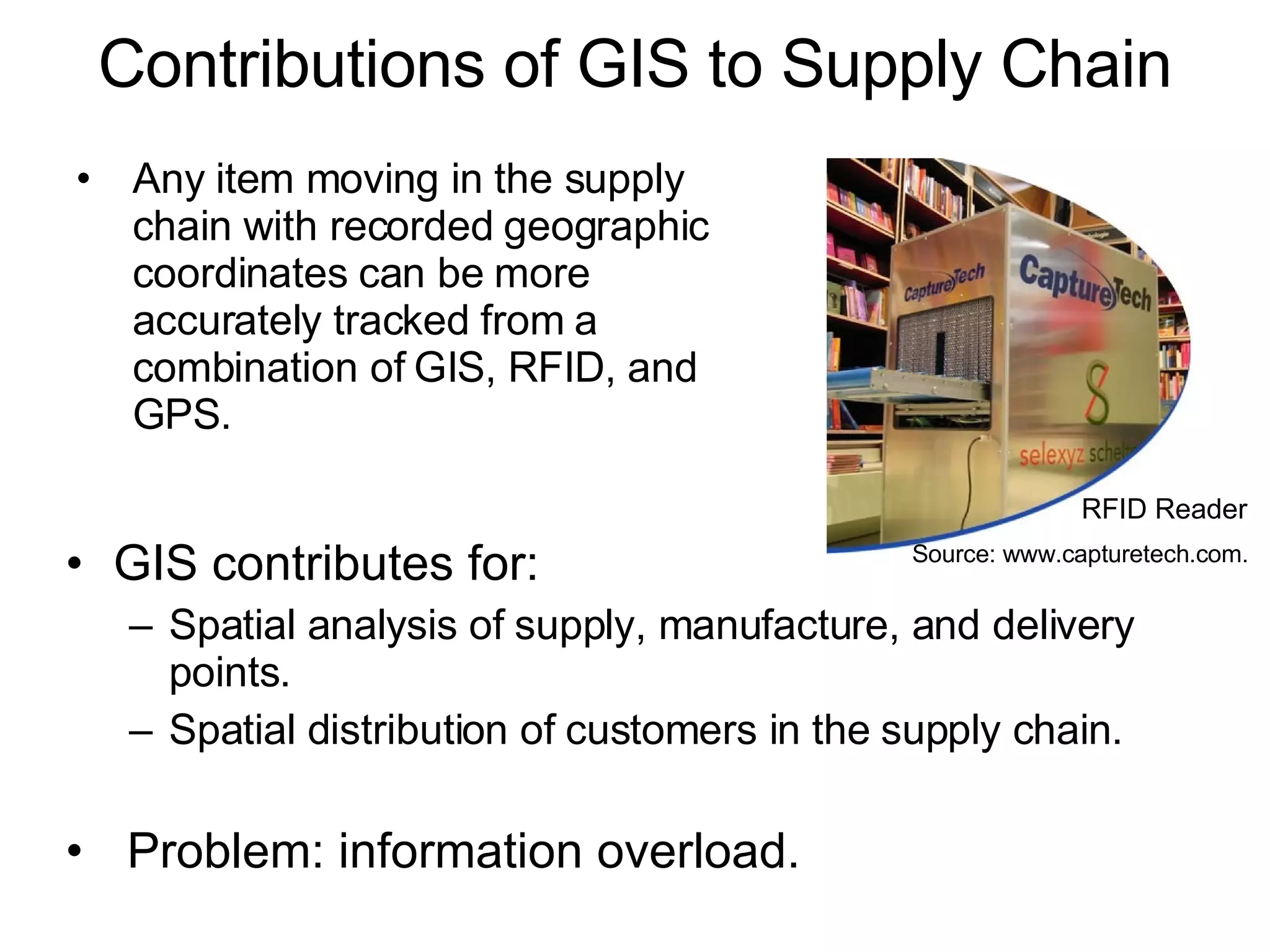 Contributions of GIS to Supply Chain GIS contributes for: Spatial analysis of supply, manufacture, and delivery points.  Spatial distribution of customers in the supply chain. Problem: information overload. Any item moving in the supply chain with recorded geographic coordinates can be more accurately tracked from a combination of GIS, RFID, and GPS.  RFID Reader Source: www.capturetech.com. 