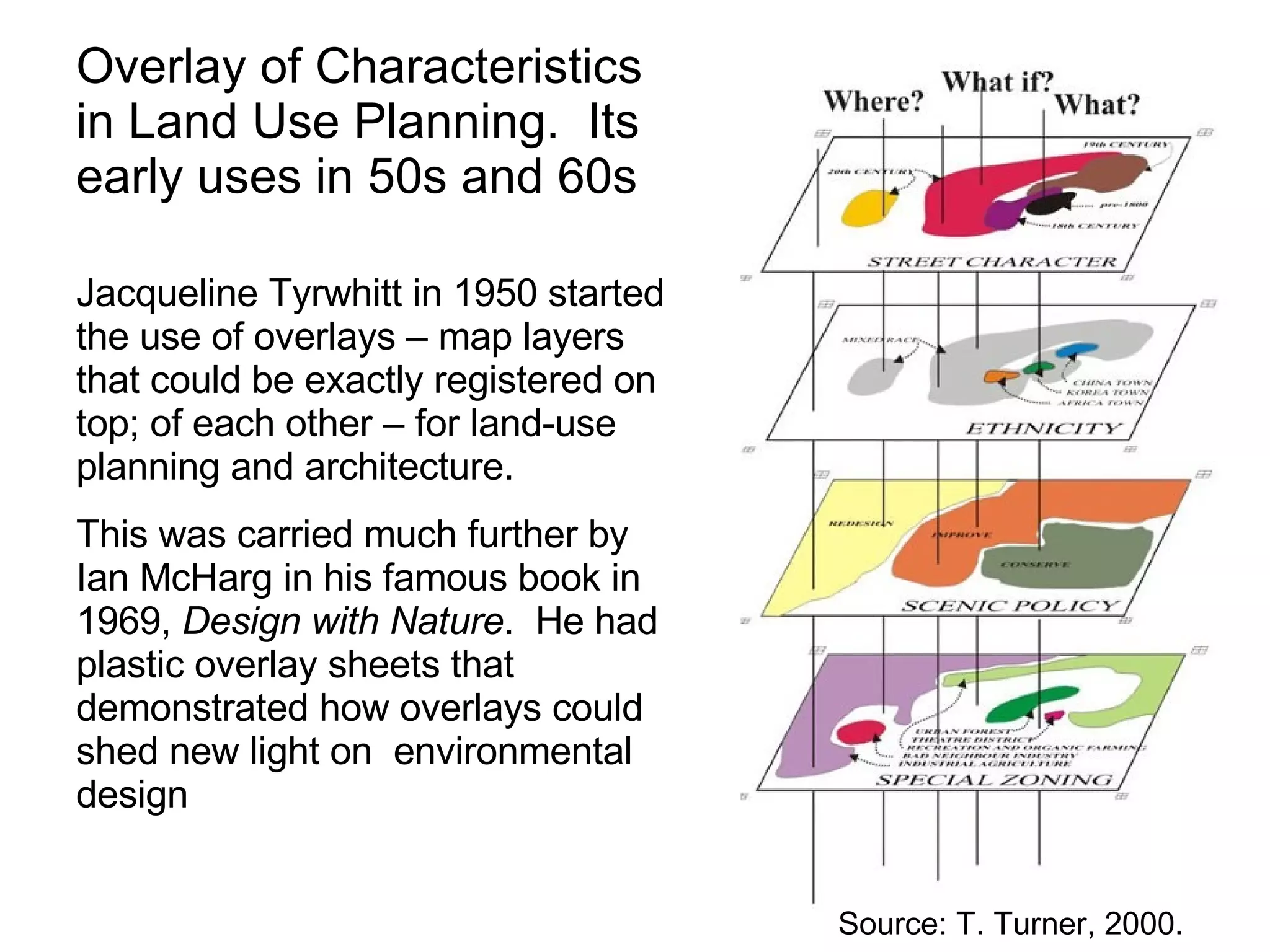 Overlay of Characteristics in Land Use Planning.  Its early uses in 50s and 60s  Jacqueline Tyrwhitt in 1950 started the use of overlays – map layers that could be exactly registered on top; of each other – for land-use planning and architecture. This was carried much further by Ian McHarg in his famous book in 1969,  Design with Nature .  He had  plastic overlay sheets that demonstrated how overlays could shed new light on  environmental design  Source: T. Turner, 2000. 