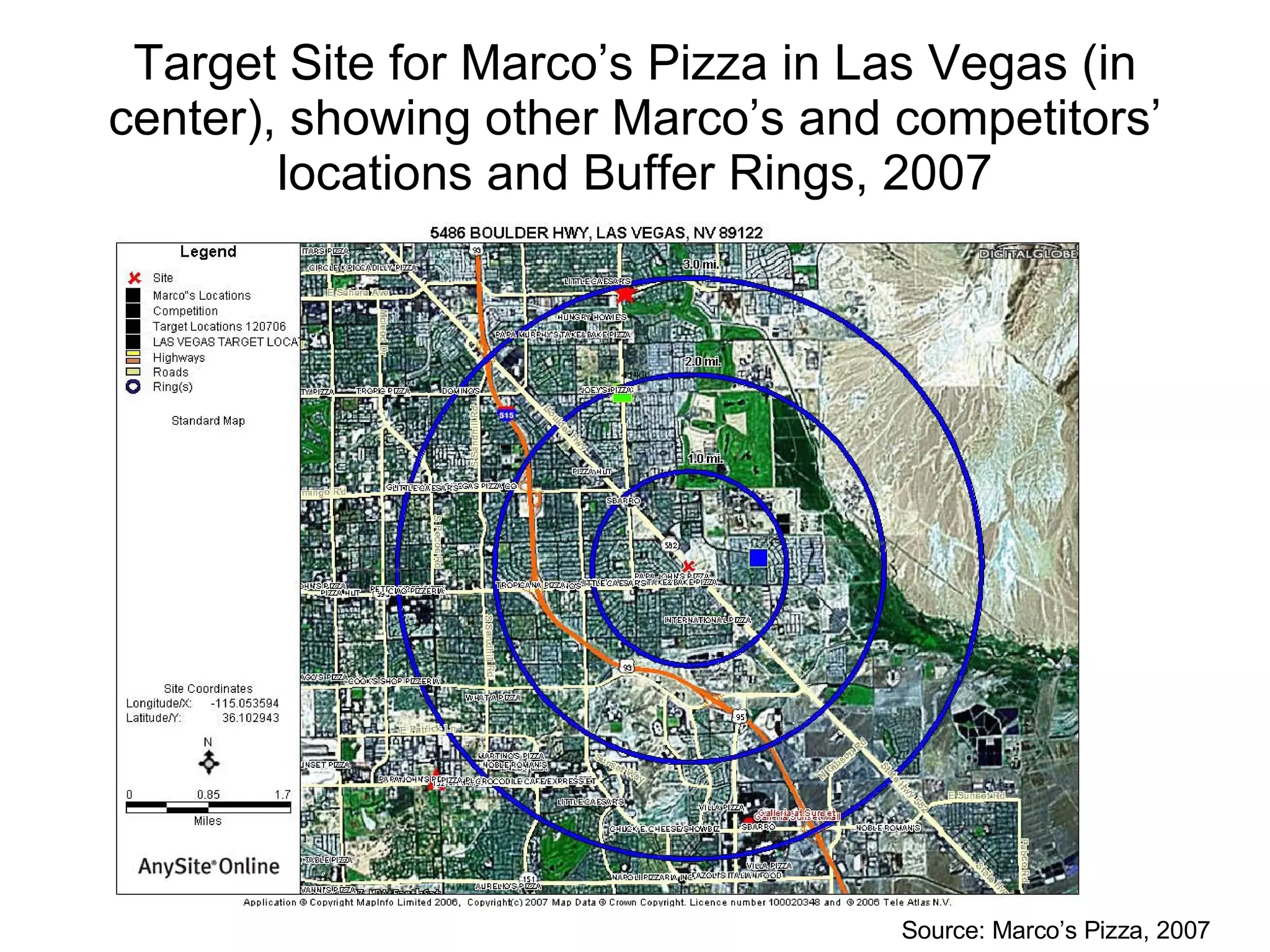 Target Site for Marco’s Pizza in Las Vegas (in center), showing other Marco’s and competitors’ locations and Buffer Rings, 2007 Source: Marco’s Pizza, 2007 