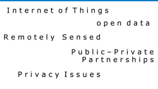 I n t e r n e t o f T h i n g s
o p e n d a t a
P u b l i c – P r i v a t e
P a r t n e r s h i p s
P r i v a c y I s s u e s
R e m o t e l y S e n s e d
 