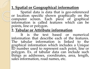 1. Spatial or Geographical information
Spatial data is data that is geo-referenced
or location specific shown graphically on the
computer screen. Each piece of graphical
information is called features which can be
points, line or polygon.
2. Tabular or Attribute information
It is the text based or numerical
information that describe each of the features.
The tabular information is linked to the
graphical information which includes a Unique
ID number used to represent each point, line or
polygon. Ex. of tabular data can include such
things as addresses, coordinates, area, length,
sales information, road names, etc.
 