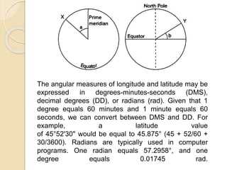 The angular measures of longitude and latitude may be
expressed in degrees-minutes-seconds (DMS),
decimal degrees (DD), or radians (rad). Given that 1
degree equals 60 minutes and 1 minute equals 60
seconds, we can convert between DMS and DD. For
example, a latitude value
of 45°52'30" would be equal to 45.875° (45 + 52/60 +
30/3600). Radians are typically used in computer
programs. One radian equals 57.2958°, and one
degree equals 0.01745 rad.
 