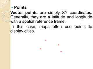  Points
Vector points are simply XY coordinates.
Generally, they are a latitude and longitude
with a spatial reference frame.
In this case, maps often use points to
display cities.
 