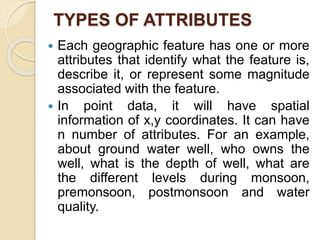 TYPES OF ATTRIBUTES
 Each geographic feature has one or more
attributes that identify what the feature is,
describe it, or represent some magnitude
associated with the feature.
 In point data, it will have spatial
information of x,y coordinates. It can have
n number of attributes. For an example,
about ground water well, who owns the
well, what is the depth of well, what are
the different levels during monsoon,
premonsoon, postmonsoon and water
quality.
 