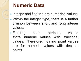 Numeric Data
 Integer and floating are numerical values
 Within the integer type, there is a further
division between short and long integer
values.
 Floating point attribute values
store numeric values with fractional
values. Therefore, floating point values
are for numeric values with decimal
points
 