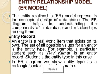 ENTITY RELATIONSHIP MODEL
(ER MODEL)
 The entity relationship (ER) model represents
the conceptual design of a database. The ER
diagram helps in understanding the
components of a database and relationships
among them.
Entity Record
 An entity is a real world item that exists on its
own. The set of all possible values for an entity
is the entity type. For example, a particular
student such as ‘Ravi Kumar’ is an entity
record. Student is the entity type in this case.
 In ER diagram we show entity type as a
rectangle containing the type name.
 