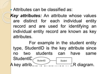  Attributes can be classified as:
Key attributes: An attribute whose values
are distinct for each individual entity
record and are used for identifying an
individual entity record are known as key
attributes.
For example in the student entity
type, StudentID is the key attribute since
no two students can have same
StudentID.
A key attribute is underlined in ER diagram.
 