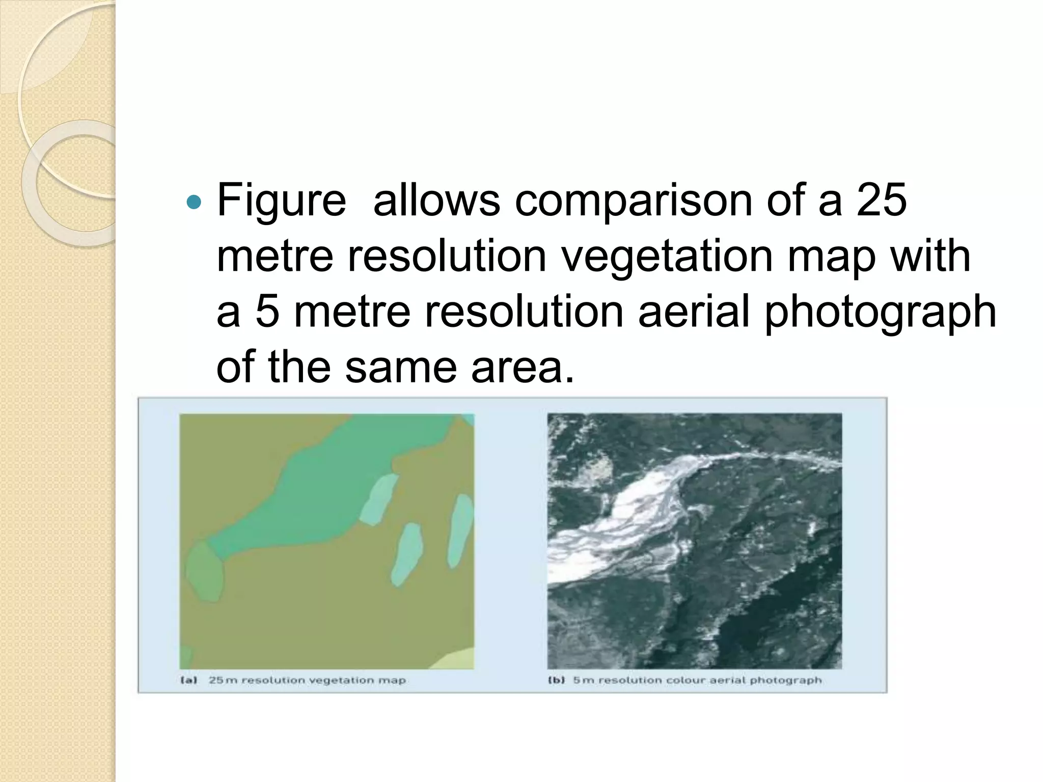  Figure allows comparison of a 25
metre resolution vegetation map with
a 5 metre resolution aerial photograph
of the same area.
 