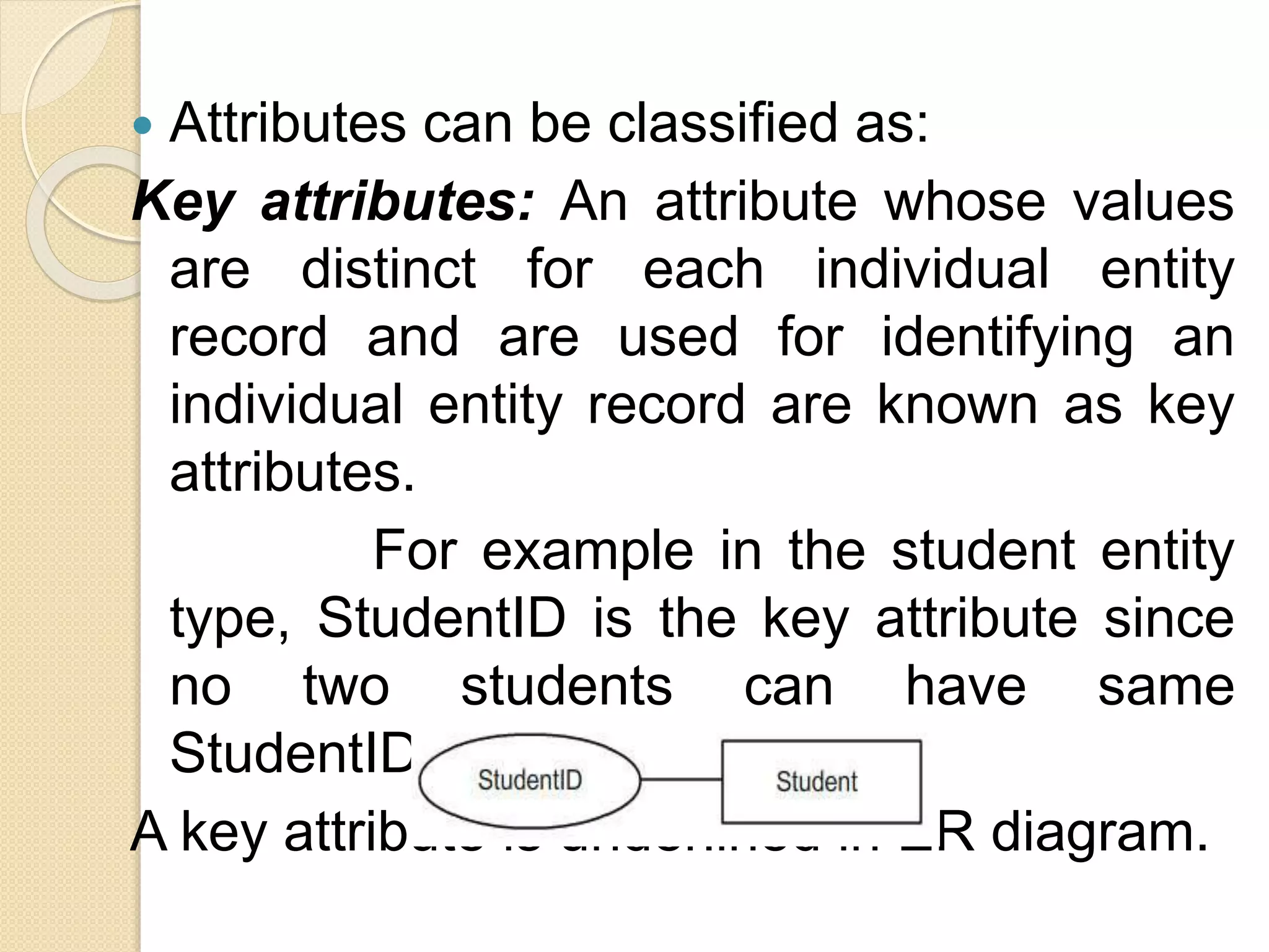  Attributes can be classified as:
Key attributes: An attribute whose values
are distinct for each individual entity
record and are used for identifying an
individual entity record are known as key
attributes.
For example in the student entity
type, StudentID is the key attribute since
no two students can have same
StudentID.
A key attribute is underlined in ER diagram.
 