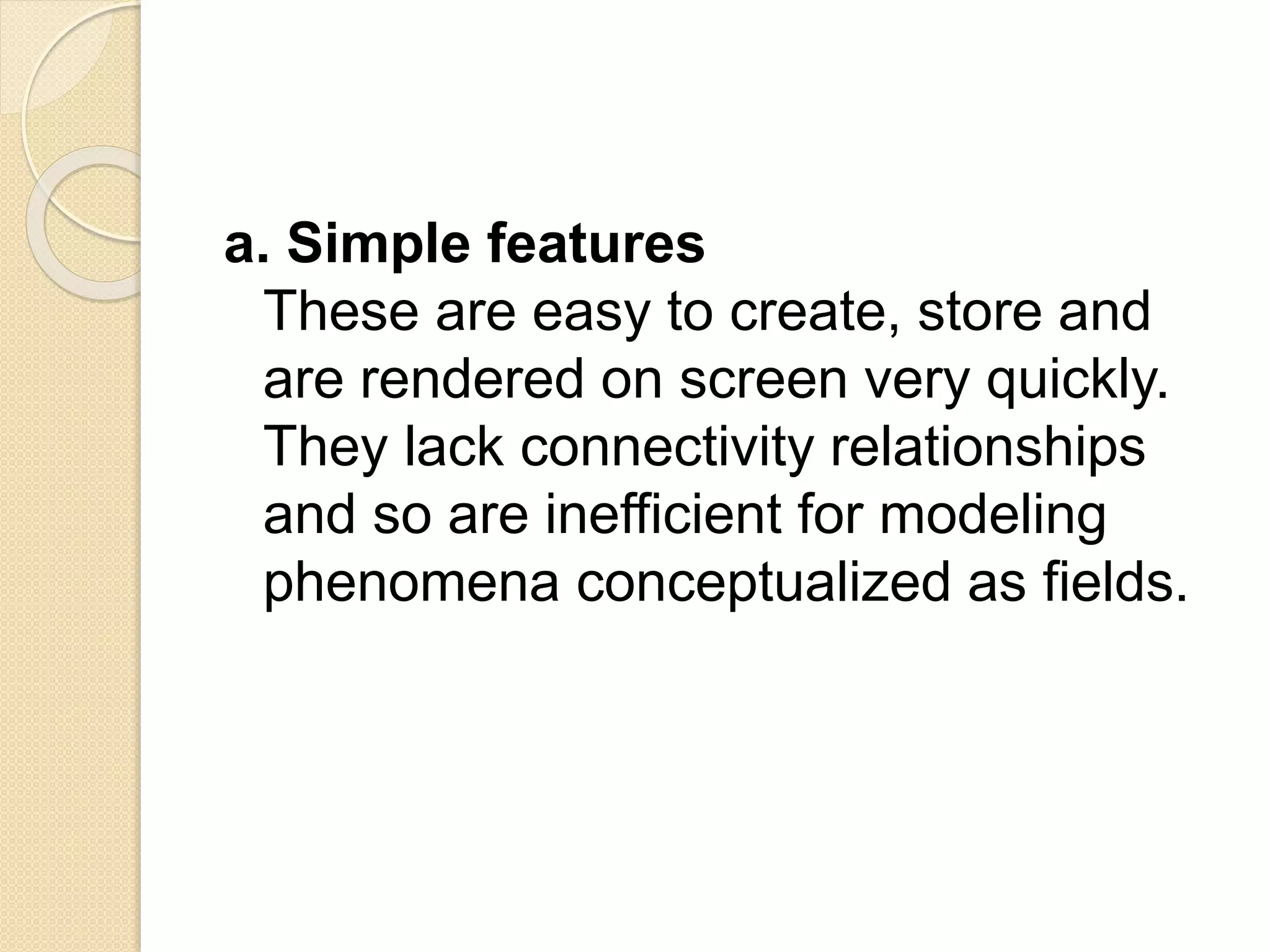 a. Simple features
These are easy to create, store and
are rendered on screen very quickly.
They lack connectivity relationships
and so are inefficient for modeling
phenomena conceptualized as fields.
 