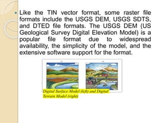  Like the TIN vector format, some raster file
formats include the USGS DEM, USGS SDTS,
and DTED file formats. The USGS DEM (US
Geological Survey Digital Elevation Model) is a
popular file format due to widespread
availability, the simplicity of the model, and the
extensive software support for the format.
Digital Surface Model (left) and Digital
Terrain Model (right)
 