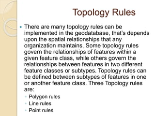 Topology Rules
 There are many topology rules can be
implemented in the geodatabase, that’s depends
upon the spatial relationships that any
organization maintains. Some topology rules
govern the relationships of features within a
given feature class, while others govern the
relationships between features in two different
feature classes or subtypes. Topology rules can
be defined between subtypes of features in one
or another feature class. Three Topology rules
are:
◦ Polygon rules
◦ Line rules
◦ Point rules
 