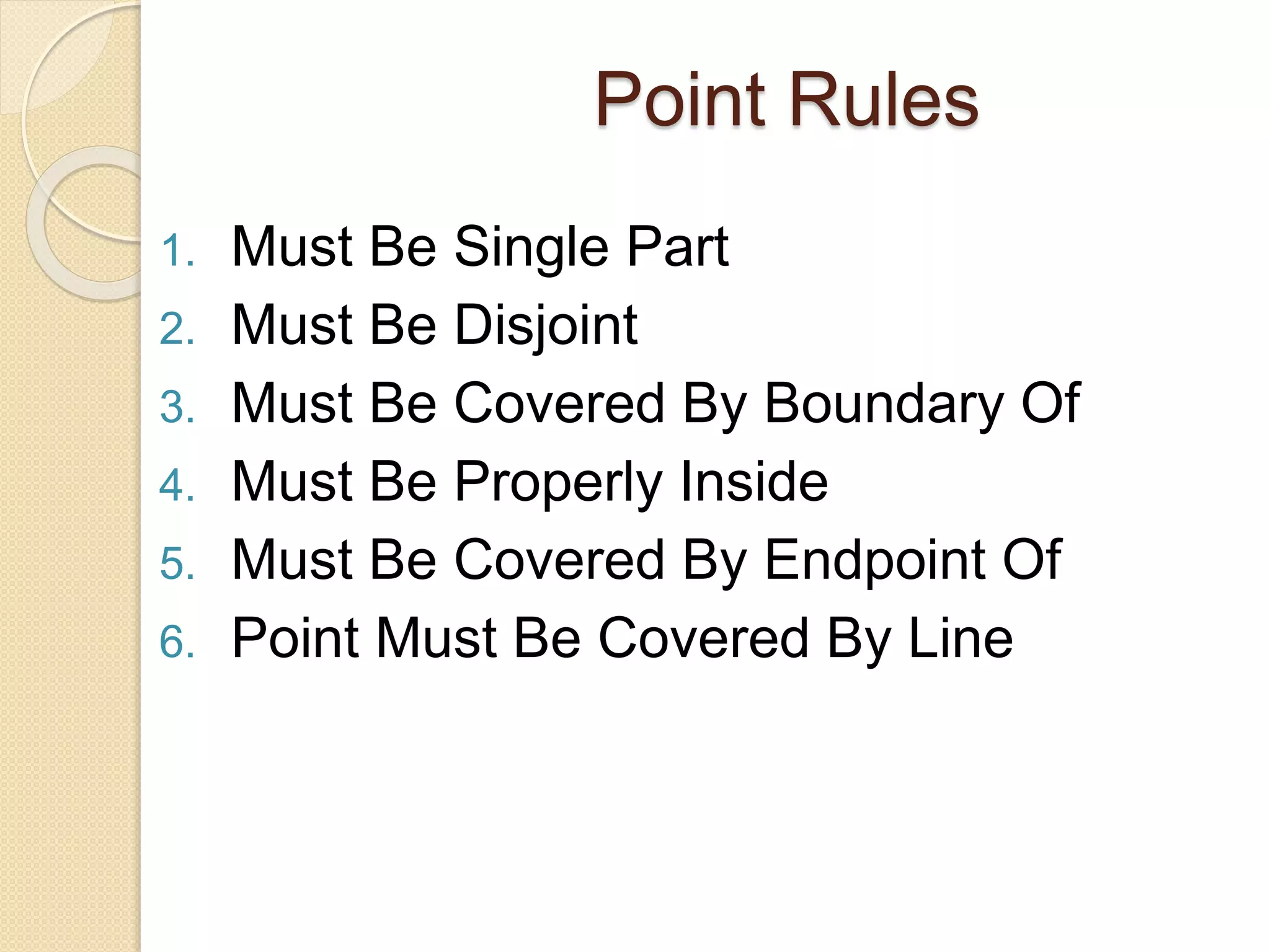 Point Rules
1. Must Be Single Part
2. Must Be Disjoint
3. Must Be Covered By Boundary Of
4. Must Be Properly Inside
5. Must Be Covered By Endpoint Of
6. Point Must Be Covered By Line
 
