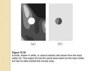 Figure 12.16
A circle, shown in white, is used to extract cell values from the input
raster (a). The output (b) has the same area extent as the input raster
but has no data outside the circular area.
 