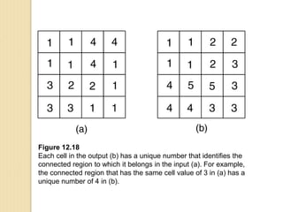 Figure 12.18
Each cell in the output (b) has a unique number that identifies the
connected region to which it belongs in the input (a). For example,
the connected region that has the same cell value of 3 in (a) has a
unique number of 4 in (b).
 