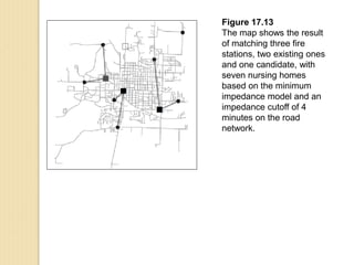 Figure 17.13
The map shows the result
of matching three fire
stations, two existing ones
and one candidate, with
seven nursing homes
based on the minimum
impedance model and an
impedance cutoff of 4
minutes on the road
network.
 
