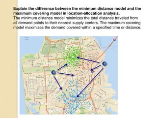 Explain the difference between the minimum distance model and the
maximum covering model in location-allocation analysis.
The minimum distance model minimizes the total distance traveled from
all demand points to their nearest supply centers. The maximum covering
model maximizes the demand covered within a specified time or distance.
 