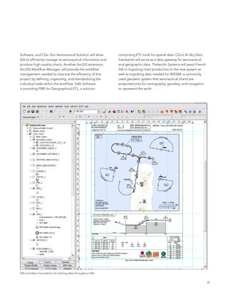 software, and CGx. esri aeronautical solution will allow     comprising eTl tools for spatial data. CGx’s ai-sky Data
sIa to efficiently manage its aeronautical information and   framework will serve as a data gateway for aeronautical
produce high-quality charts. another arcGIs extension,       and geographic data. Thales air systems will assist french
arcGIs Workflow Manager, will provide the workflow           sIa in migrating chart production to the new system as
management needed to improve the efficiency of this          well as migrating data needed for WGs84, a commonly
project by defining, organizing, and standardizing the       used geodetic system that aeronautical charts are
individual tasks within the workflow. safe software          projected onto for cartography, geodesy, and navigation
is providing fMe for Geographical eTl, a solution            to represent the earth.




GIs provides a foundation for sharing data throughout sIa.


                                                                                                                          37
 