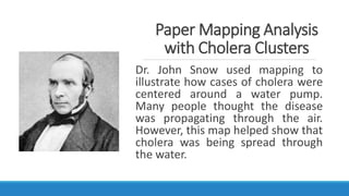 Paper Mapping Analysis
with Cholera Clusters
Dr. John Snow used mapping to
illustrate how cases of cholera were
centered around a water pump.
Many people thought the disease
was propagating through the air.
However, this map helped show that
cholera was being spread through
the water.
 