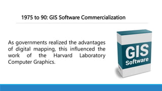 1975 to 90: GIS Software Commercialization
As governments realized the advantages
of digital mapping, this influenced the
work of the Harvard Laboratory
Computer Graphics.
 